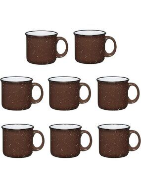 Set of 8 Brown Ceramic Campfire Mugs - 15 Oz Coffee & Tea Cups for Home, Travel